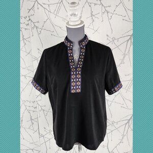 Loness Black Atzec Embroidered Popover Blouse